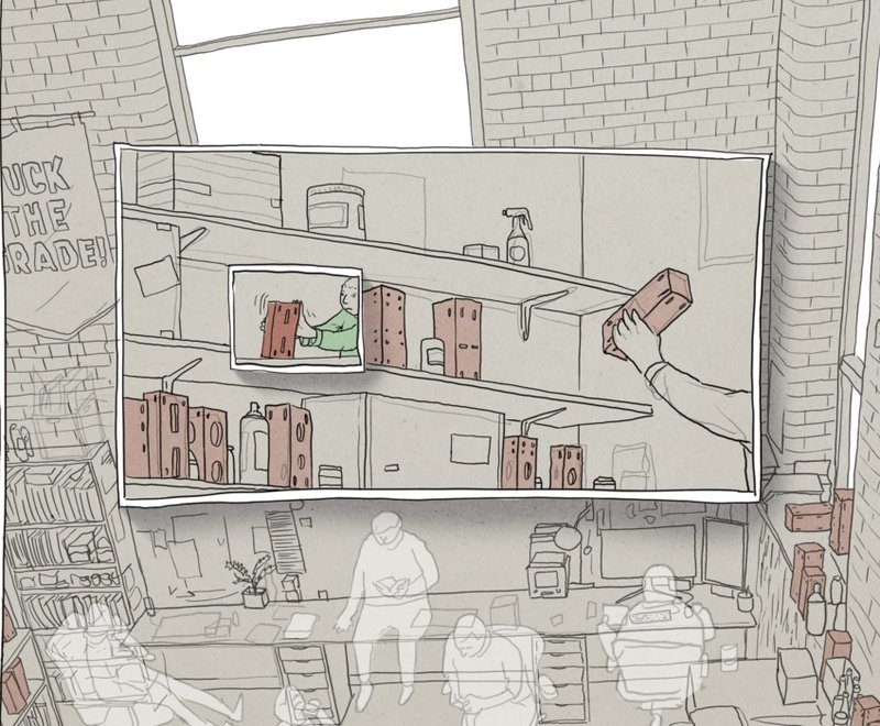 Illustration of a 3D Printing studio with temporal overlay