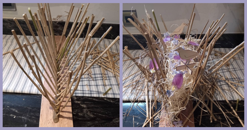 Two photos - on the left are some sticks poked into plasticine, on the right are the same sticks but filled with hay and flower petals, and two small wood birds