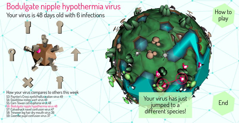 Screenshot of viruscraft game. On the left is an editable virus where players select the virus surface protein shapes, and on the right is a planet with creatures that are getting infected.
