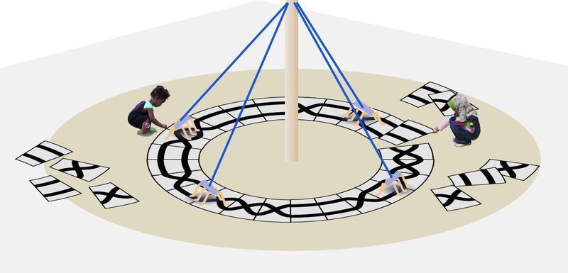 Concept sketch where to children arrange patterned tiles on the floor around a may pole to control the robots path.