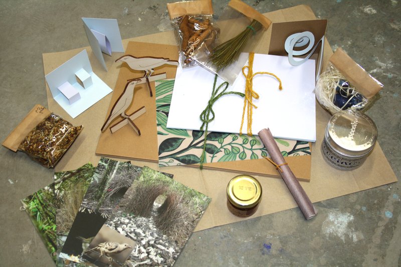 Photo of box contents - postcards, two wood bower birds, various types of card, snacks, and three example pop up mechanisms